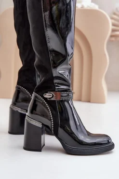 Zdobione Lakierowane Kozaki Damskie Na Słupku D&A MR880-055 Czarne
