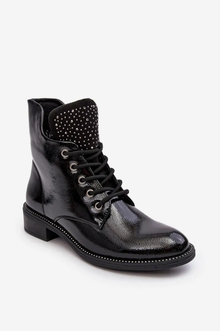 Zdobione Lakierowane Niskie Botki Damskie Czarne Hattia