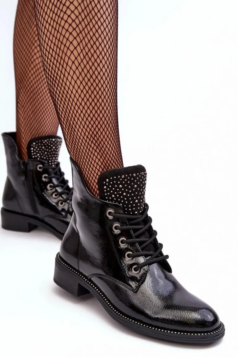 Zdobione Lakierowane Niskie Botki Damskie Czarne Hattia