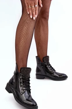 Zdobione Lakierowane Niskie Botki Damskie Czarne Hattia