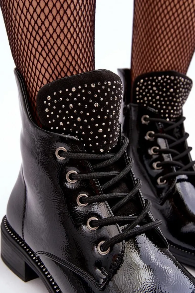 Zdobione Lakierowane Niskie Botki Damskie Czarne Hattia