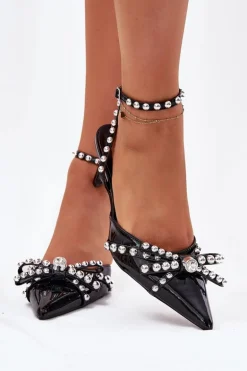 Zdobione Lakierowane Szpilki Z Odkrytą Piętą Czarne Redaine