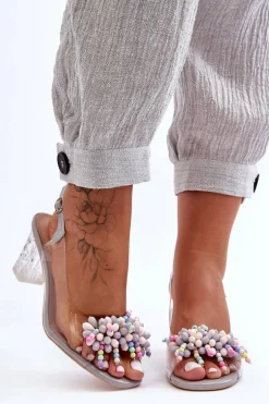 Zdobione Modne Sandały Na Słupku Szare S.Barski MR1037-23