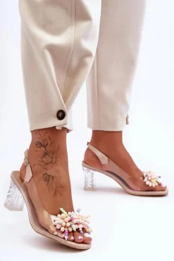 Zdobione Modne Sandały Na Słupku Beżowe S.Barski MR1037-23