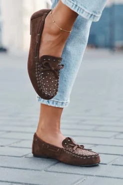 Zdobione Mokasyny Damskie Z Eko Zamszu Brązowe Prissine