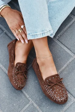 Zdobione Mokasyny Damskie Z Eko Zamszu Brązowe Prissine