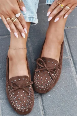 Zdobione Mokasyny Damskie Z Eko Zamszu Brązowe Prissine