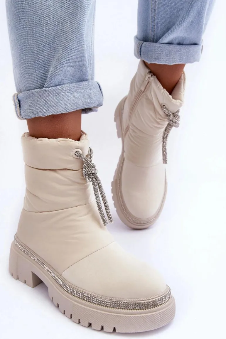 Zdobione Śniegowce Na Płaskim Obcasie Jasnobeżowe Plotia