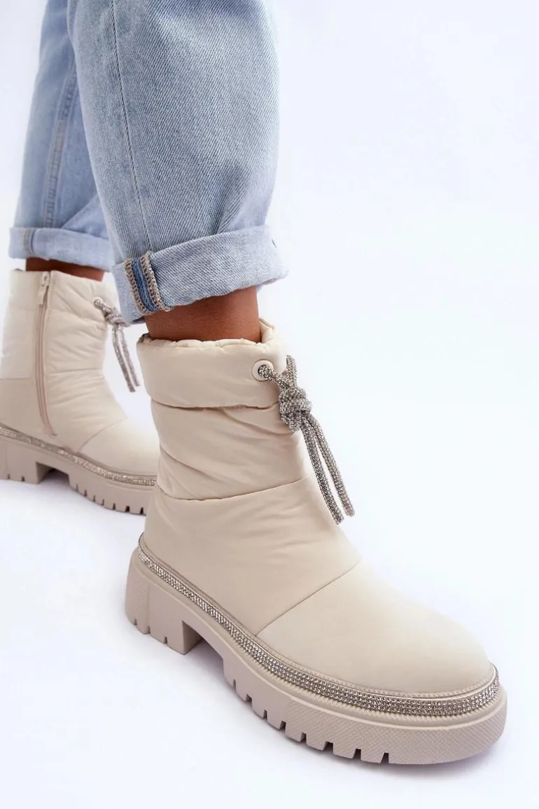 Zdobione Śniegowce Na Płaskim Obcasie Jasnobeżowe Plotia