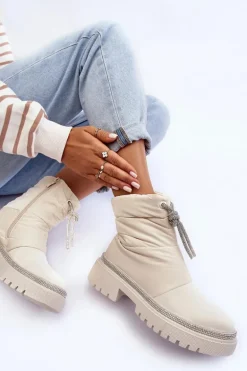 Zdobione Śniegowce Na Płaskim Obcasie Jasnobeżowe Plotia