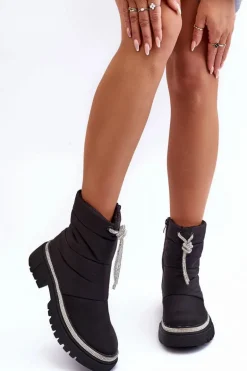 Zdobione Śniegowce Na Płaskim Obcasie Czarne Plotia