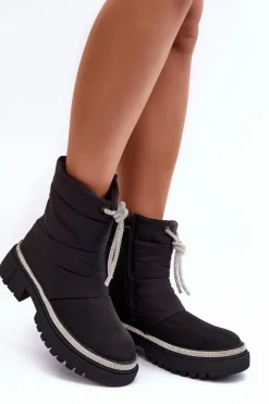 Zdobione Śniegowce Na Płaskim Obcasie Czarne Plotia