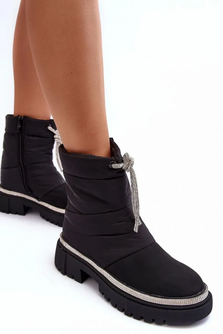 Zdobione Śniegowce Na Płaskim Obcasie Czarne Plotia