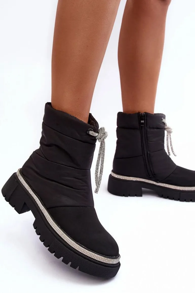 Zdobione Śniegowce Na Płaskim Obcasie Czarne Plotia