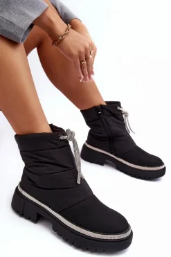 Zdobione Śniegowce Na Płaskim Obcasie Czarne Plotia