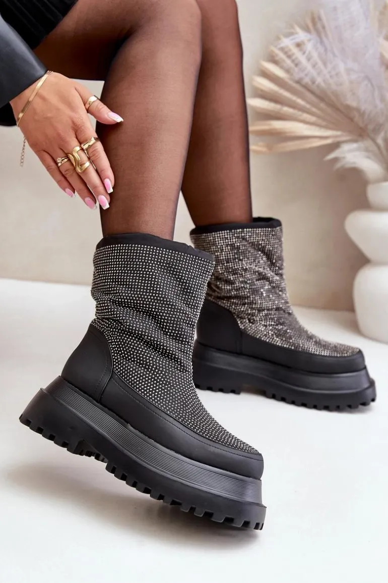 Zdobione Śniegowce Na Platformie I Płaskim Obcasie Czarne Avivina