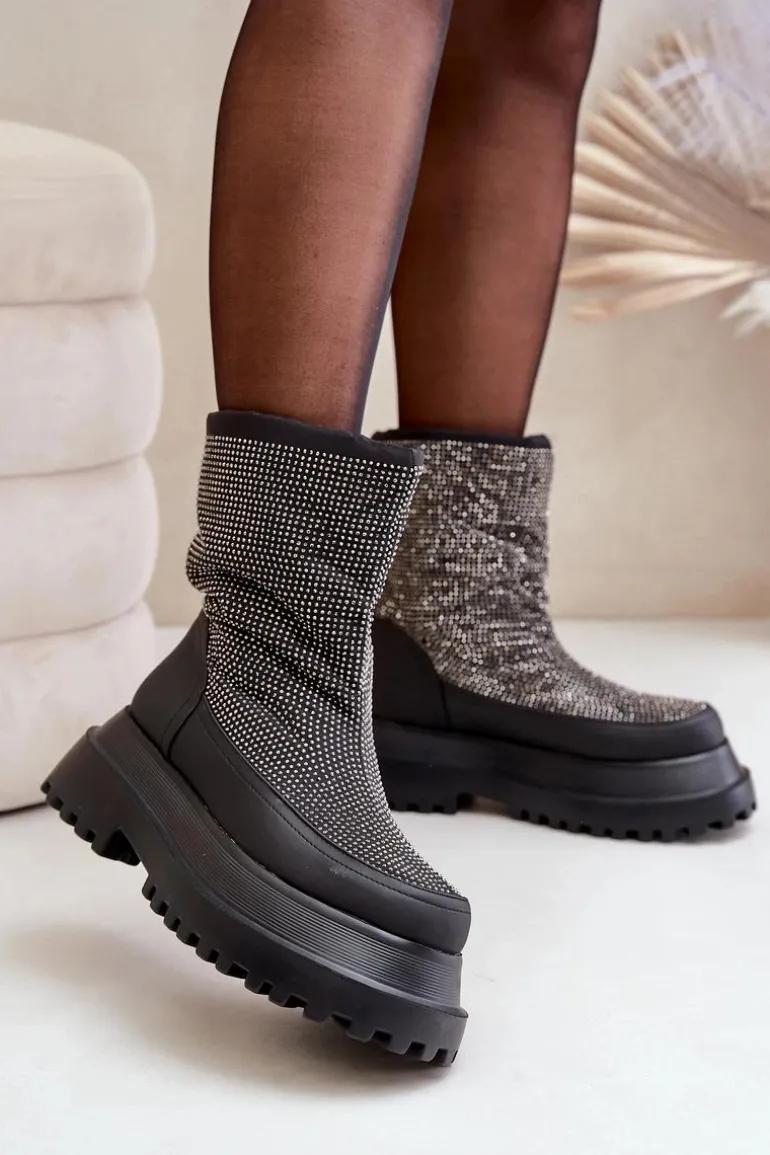 Zdobione Śniegowce Na Platformie I Płaskim Obcasie Czarne Avivina