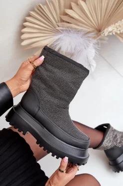 Zdobione Śniegowce Na Platformie I Płaskim Obcasie Czarne Avivina