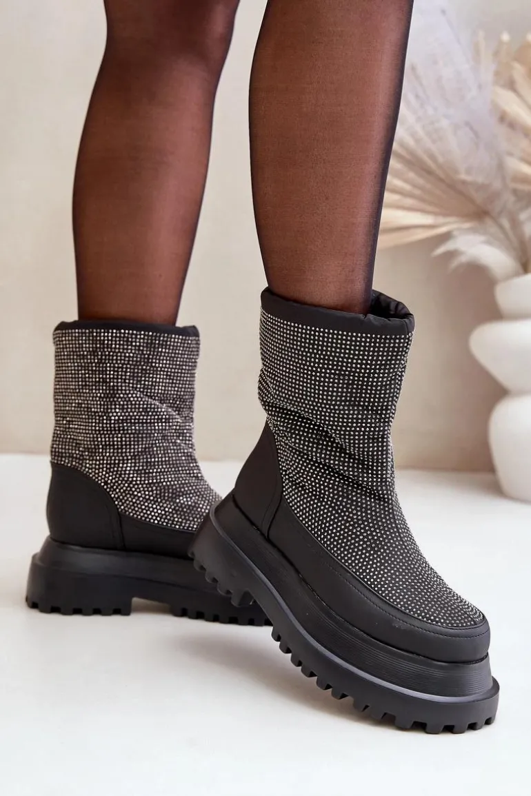 Zdobione Śniegowce Na Platformie I Płaskim Obcasie Czarne Avivina