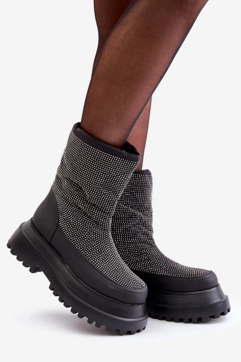 Zdobione Śniegowce Na Platformie I Płaskim Obcasie Czarne Avivina