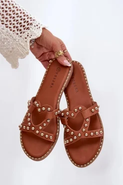 Zdobione Płaskie Klapki Damskie Camel Adivrae