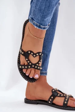 Zdobione Płaskie Klapki Damskie Czarne Adivrae