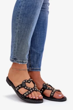 Zdobione Płaskie Klapki Damskie Czarne Adivrae