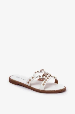 Zdobione Płaskie Klapki Damskie Białe Adivrae