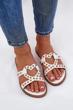 Zdobione Płaskie Klapki Damskie Białe Adivrae