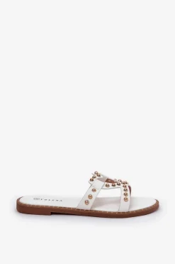 Zdobione Płaskie Klapki Damskie Białe Adivrae