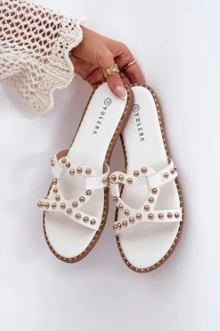 Zdobione Płaskie Klapki Damskie Białe Adivrae