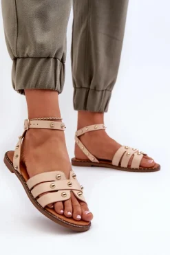 Zdobione Sandały Damskie Na Płaskim Obcasie Beżowe Ianaera