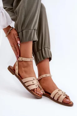 Zdobione Sandały Damskie Na Płaskim Obcasie Beżowe Ianaera
