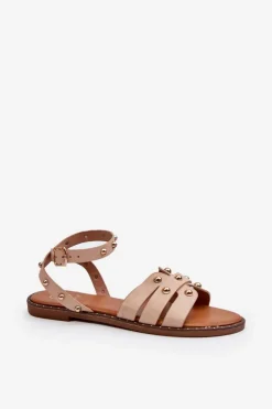 Zdobione Sandały Damskie Na Płaskim Obcasie Beżowe Ianaera