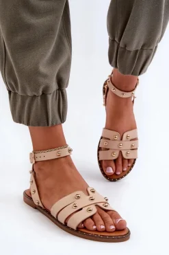 Zdobione Sandały Damskie Na Płaskim Obcasie Beżowe Ianaera