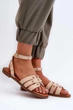 Zdobione Sandały Damskie Na Płaskim Obcasie Beżowe Ianaera