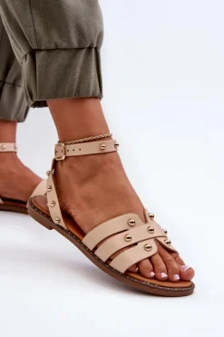 Zdobione Sandały Damskie Na Płaskim Obcasie Beżowe Ianaera