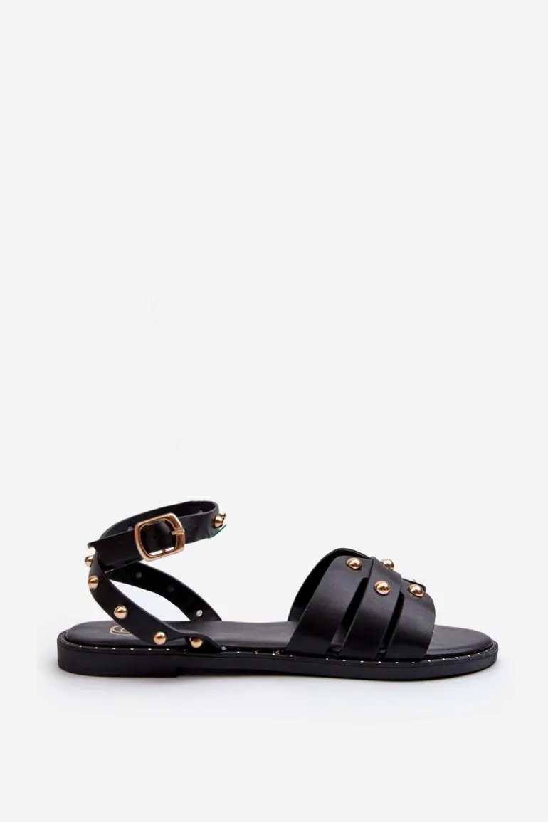 Zdobione Sandały Damskie Na Płaskim Obcasie Czarne Ianaera