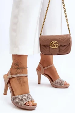 Zdobione Sandały Na Obcasie D&A MR1038-44 Różowe Złoto