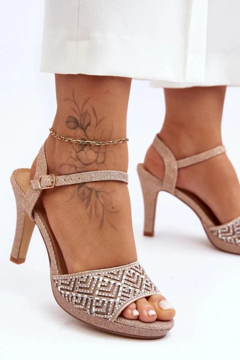 Zdobione Sandały Na Obcasie D&A MR1038-44 Różowe Złoto