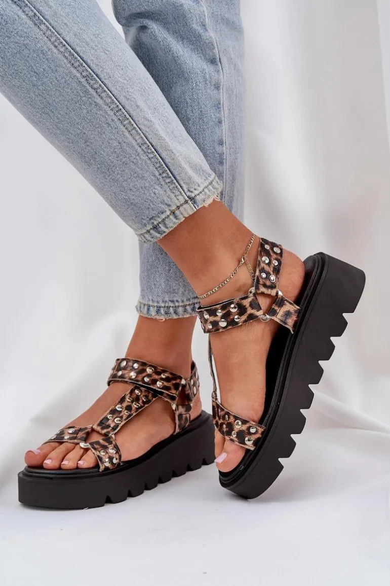 Zdobione Sandały Na Platformie Panterka Brązowe Tatellia