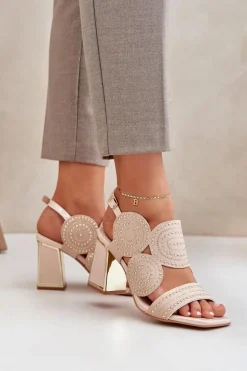 Zdobione Sandały Na Słupku Beżowe Delariona