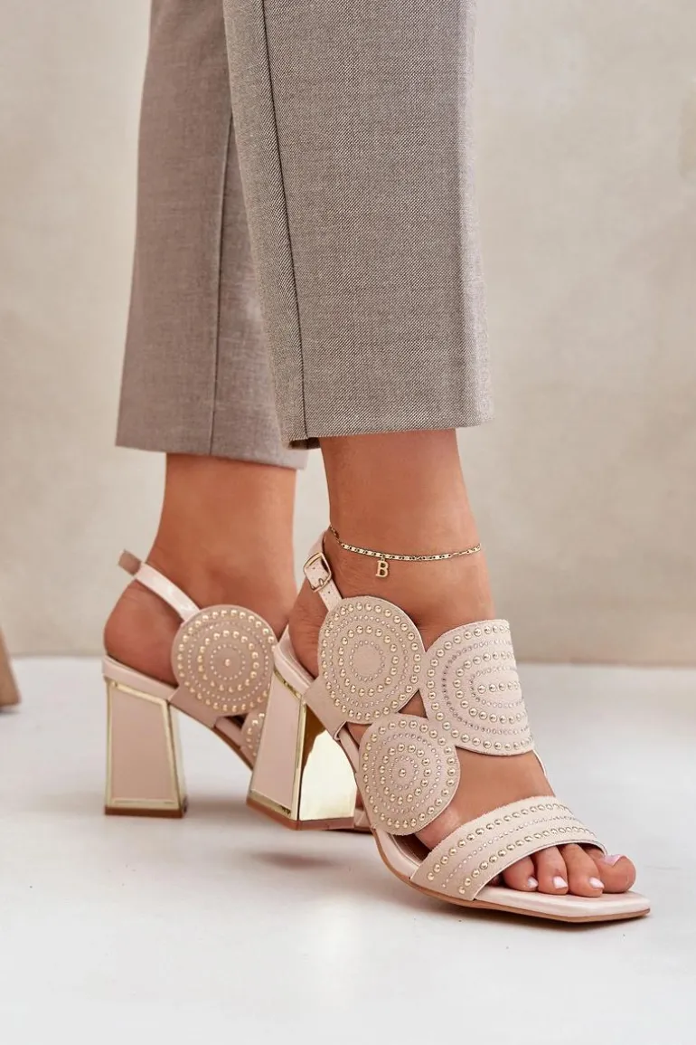 Zdobione Sandały Na Słupku Beżowe Delariona