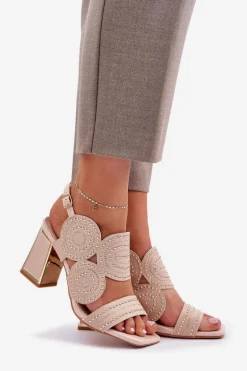 Zdobione Sandały Na Słupku Beżowe Delariona