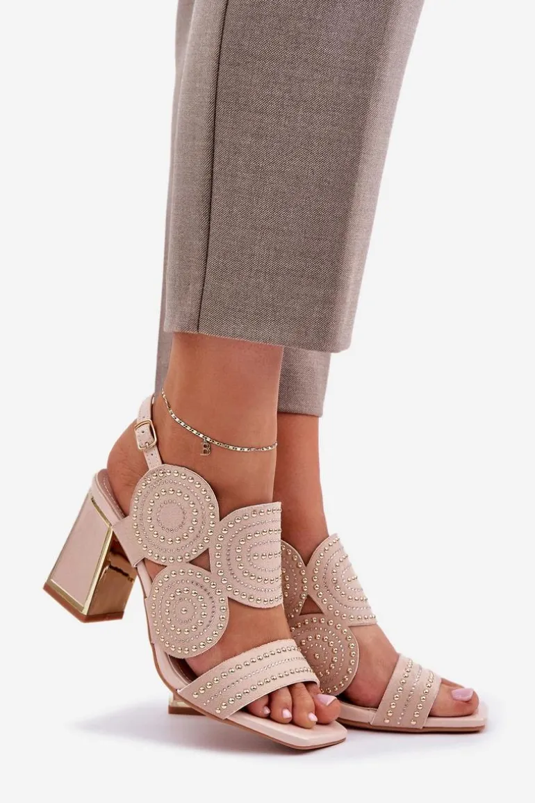 Zdobione Sandały Na Słupku Beżowe Delariona