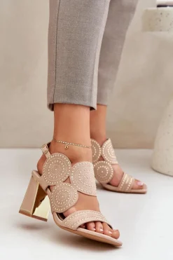 Zdobione Sandały Na Słupku Ciemnobeżowe Delariona