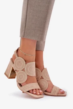 Zdobione Sandały Na Słupku Ciemnobeżowe Delariona