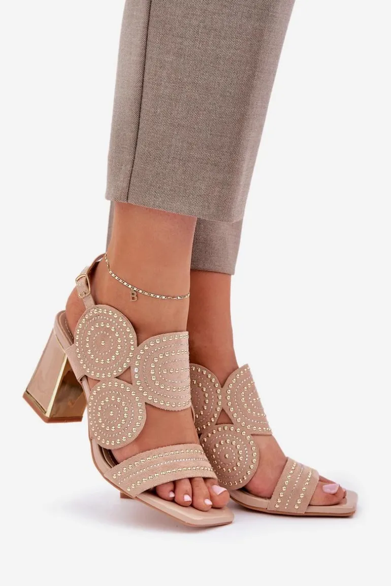 Zdobione Sandały Na Słupku Ciemnobeżowe Delariona