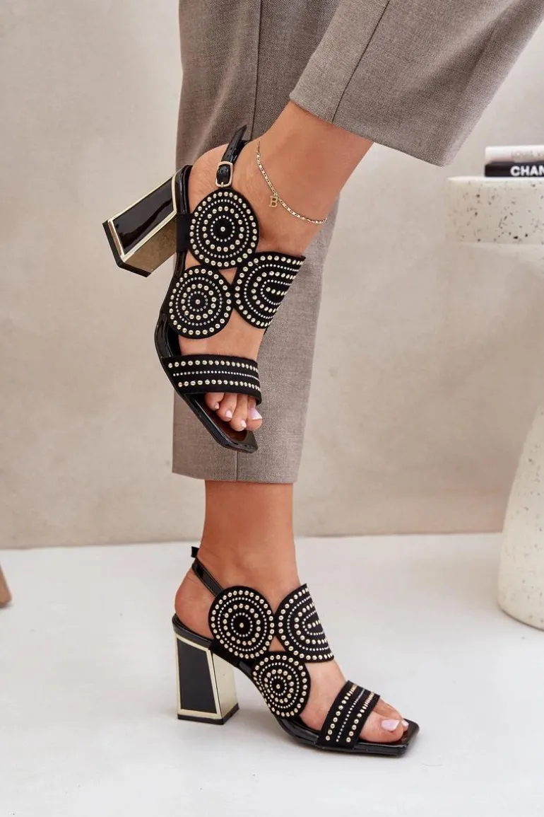 Zdobione Sandały Na Słupku Czarne Delariona