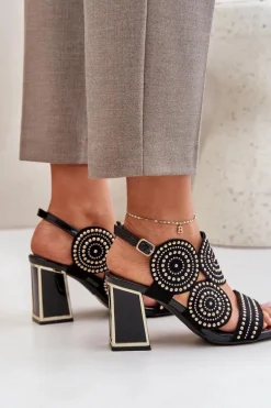Zdobione Sandały Na Słupku Czarne Delariona